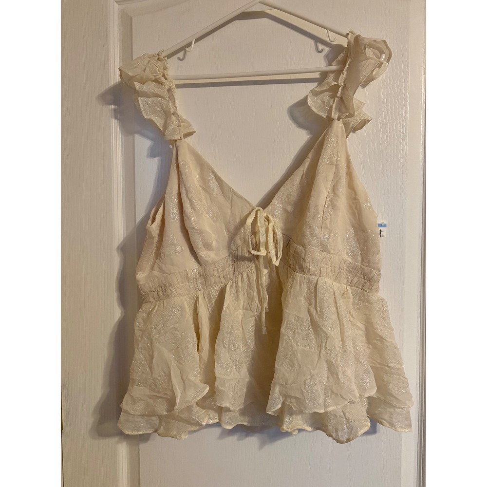 Parker Babydoll Top Womens XXL Cream Gold Ruffle Metallic Smocked Peplum Blouse